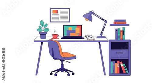 A brightly colored illustration of a modern workspace with desk and chair