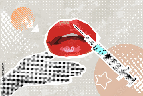 Trendy Halftone Collage lips and syringe, filters. Beauty surgery concept. Female lips. 