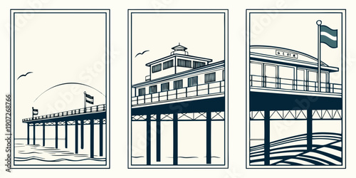 Coastal Pier Triptych Wall Art – Minimalist Ocean Pier Illustration Set with Pavilion & Seaside Views | Modern Nautical Decor, UK