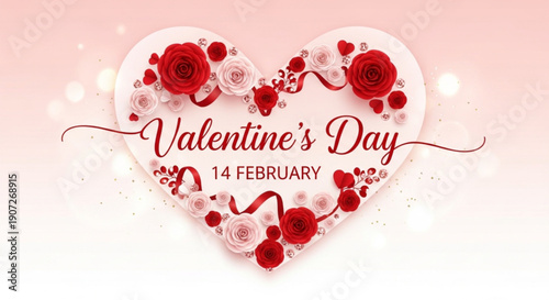 Valentine's Day Heart with Red Roses and Ribbon February 14