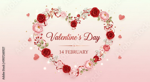 Valentine's Day romantic rose heart banner vector poster card with red hearts and flowers