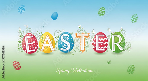 Colorful easter eggs and text on a green and blue gradient background with a spring celebration theme easter