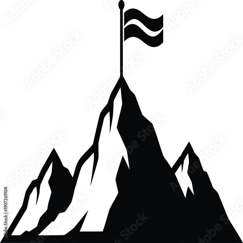 A black and white illustration of a mountain peak with a flag waving at the summit. Vector