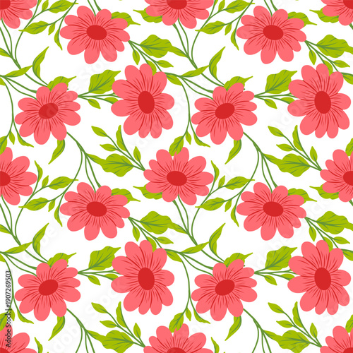 Floral cute seamless pattern with hand drawn beautiful flowers, leaves and herb. Spring and summer trendy background. Abstract modern print. Vector flat illustration.