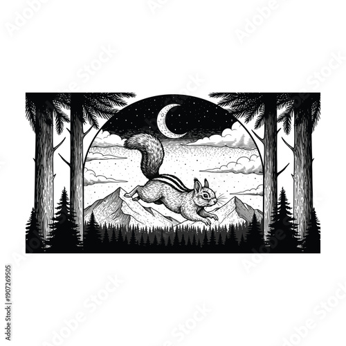 Running chipmunk squirrel vector illustration in night forest with moon, mountains and pine trees.