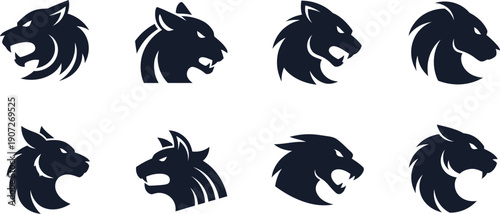 Set of Eight Fierce Animal Head Silhouettes in Profile View on White lion tiger