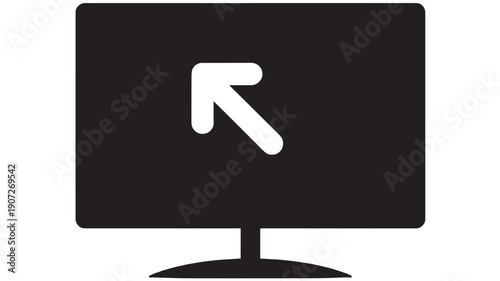 Monitor screen icon with up left arrow pointer symbol, minimal black and white silhouette for computer display, user interface navigation, web app button and UX design