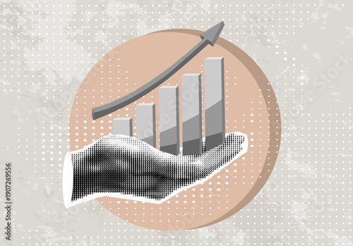 Trendy Halftone Collage businessman hand holding business increases in the financial graph arrow. Business collage	