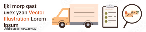 Shipping, delivery management, corporate logistics, online business, package tracking, courier services. A truck, checklist and envelope under a magnifying glass. Shipping and logistics concepts