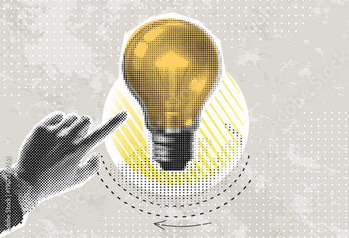 Trendy halftone collage banner hand and lightbulb. Concept of creative idea or brainstorm. Contemporary vector illustration	