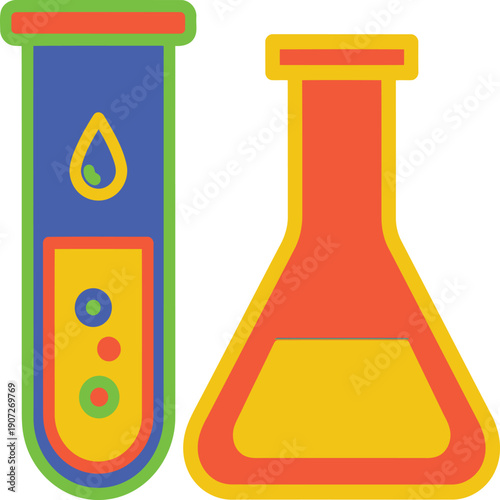 Colorful graphic illustration of laboratory glassware with liquids inside Vector