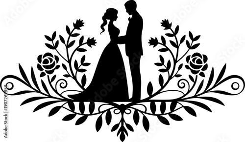 Bride and Groom Wedding Silhouette Floral Frame