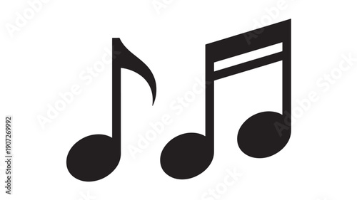 Music notes icon with two black eighth note symbols in minimal flat silhouette style, simple vector pictogram isolated on white background for audio apps