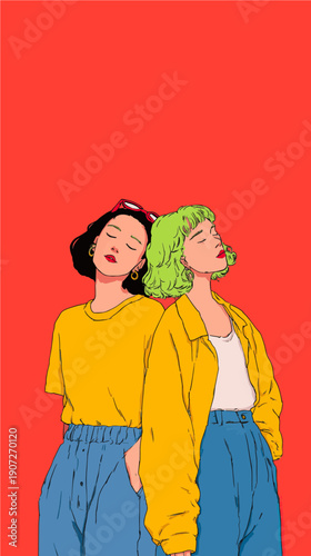 Two young women express their individuality with vibrant hairstyles and casual attire against a bold red backdrop during a sunny afternoon