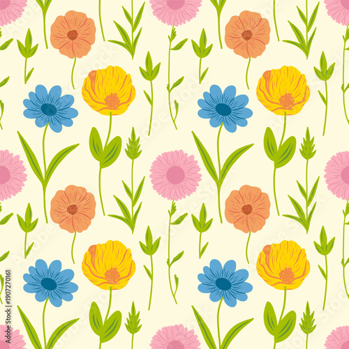 Floral cute seamless pattern with hand drawn beautiful flowers, leaves and herb. Spring and summer trendy background. Abstract modern print. Vector flat illustration.