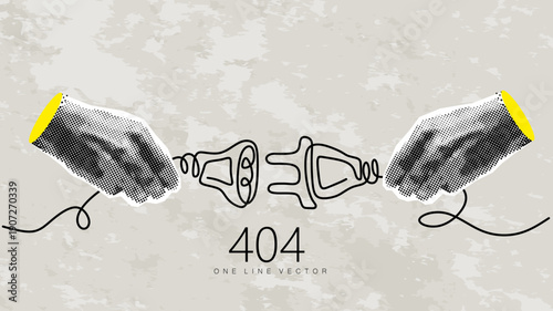 Trendy Halftone Collage hands holding electrical outlet and plug. unplugged. 404 error, page not found, connection error or time out. Hand drawn one line vector. Editable stroke	