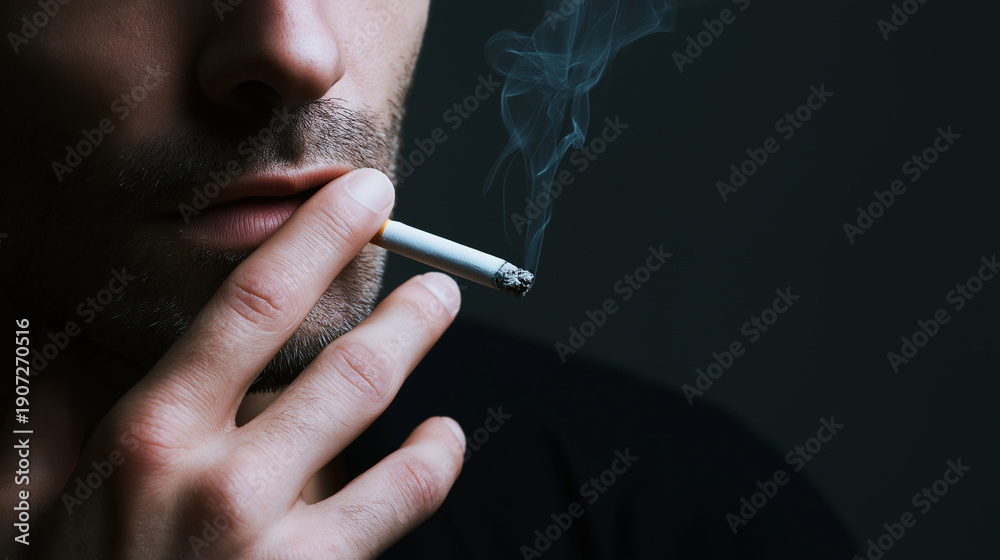 Obraz premium Close-up of man smoking cigarette with visible smoke, highlighting addiction and unhealthy lifestyle concept. 