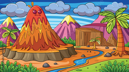 Cartoon volcano with smiling face and tropical landscape