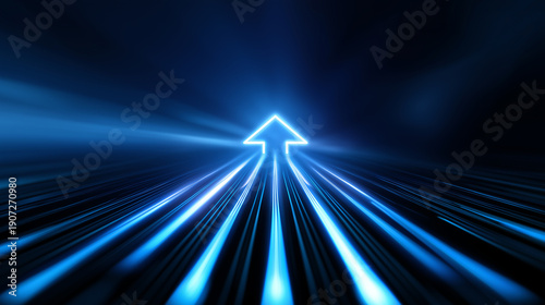Glowing blue arrow moving forward in digital light trail, symbolizing growth and business progress.
