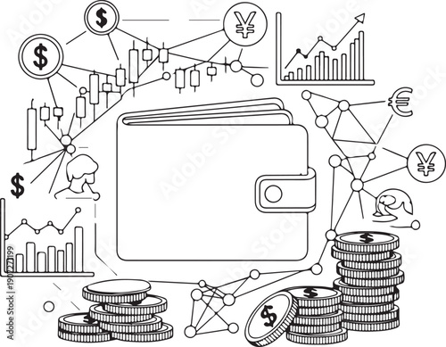 A black and white illustration of a wallet with money and graphs
