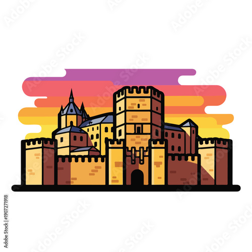Illustration of a medieval fortress with towers and battlements at sunset, viewed from a distance, featuring architecture and stronghold