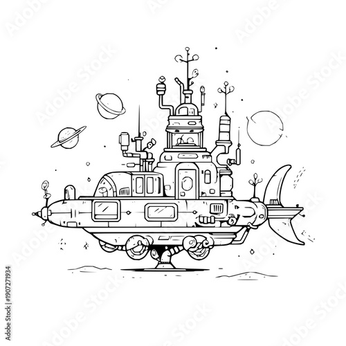 Space Submarine Exploring Planets in Deep Space