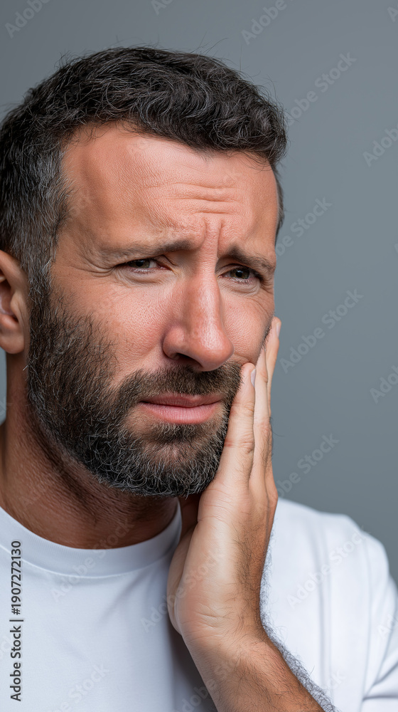 Obraz premium Close-up portrait of a man touching his cheek with a painful expression, suggesting toothache or jaw pain. 
