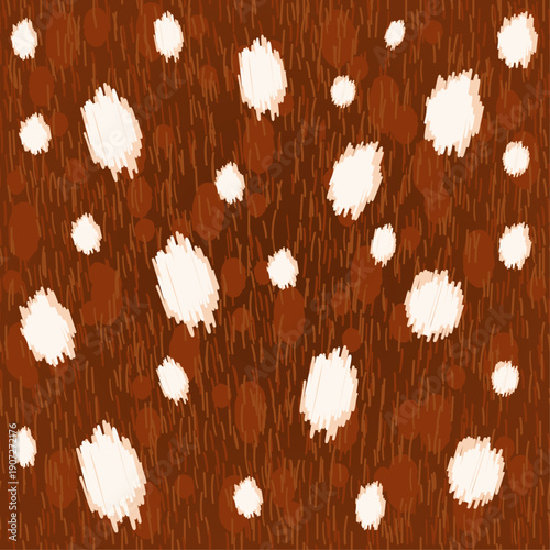 Seamless deer fur pattern with white spots on brown. Realistic animal hide texture for wildlife textile design. Editable vector illustration.