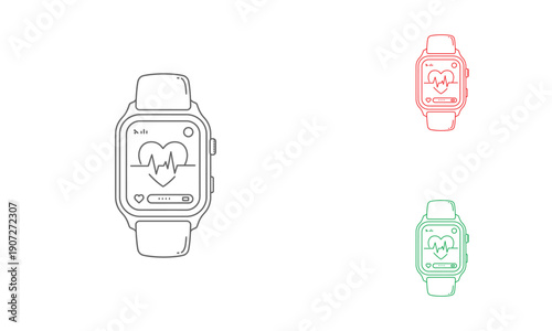 Smartwatch Health Monitoring Line Icon, Fitness Tracker and Medical Wearable Symbol