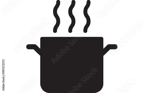 Pot cooking icon with steam lines above saucepan, simple black silhouette pictogram isolated on white background for kitchen, recipe, boiling food and heat symbol