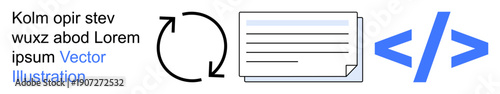 Software development, data syncing, coding education, workflow optimization, programming, technology. Circular arrow loop, document and blue code symbols. Software development and data syncing