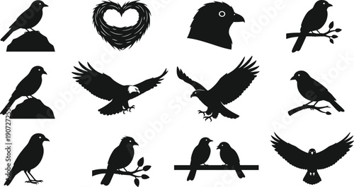 Set of Twelve Black Bird Silhouettes Showing Perched, Flying, and Companion Poses with Decorative Nest Element for Nature Design