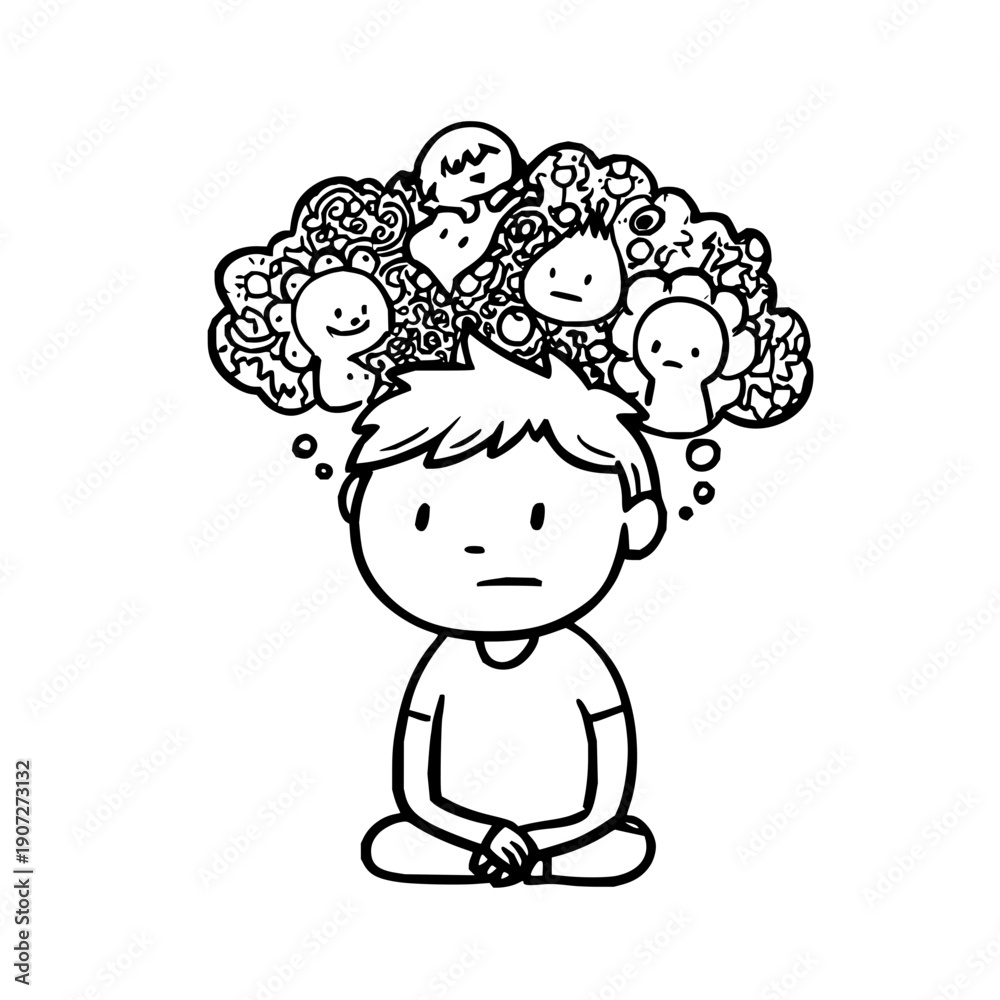 Obraz premium Boy with Multiple Faces in Thought Bubble, Symbolizing Confusion