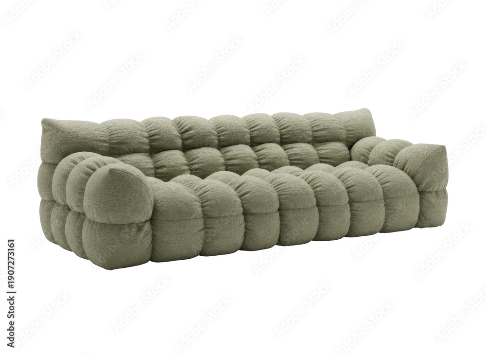 Fototapeta premium a modern, plush, olive-green sofa with a quilted, tufted design, featuring thick, rounded cushions and a low, rectangular frame