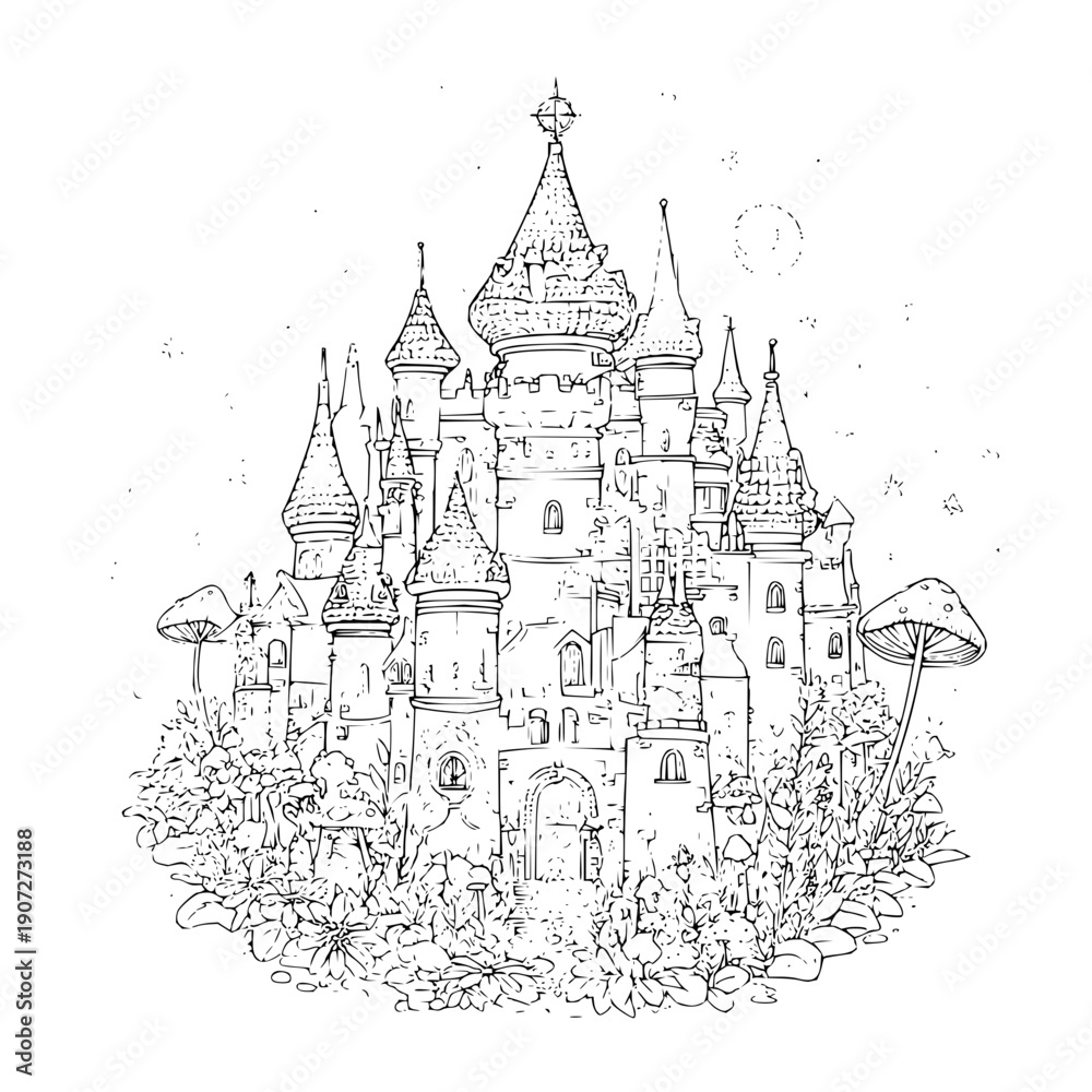 Fototapeta premium Fantasy Castle with Spires and Mushrooms in Forest