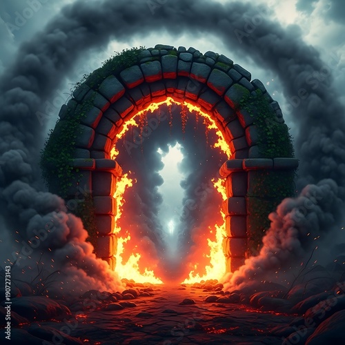 Ancient stone archway glows intensely with surrounding fire and dark smoke
