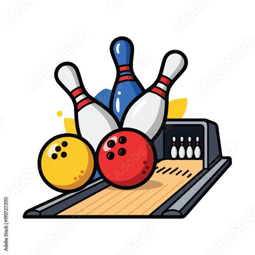 Bowling balls and pins arranged on a wooden lane, viewed from the side, illustrating a bowling scene with equipment ready for play.