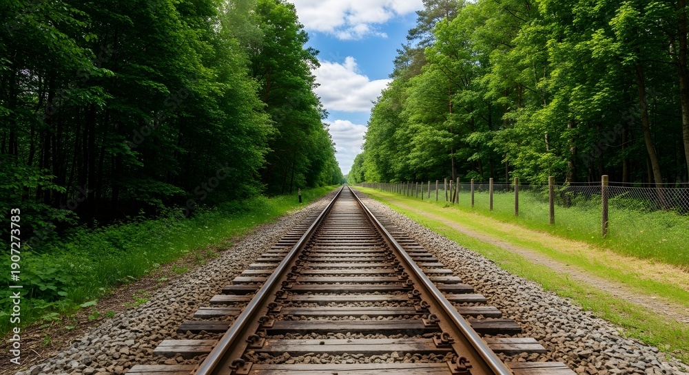 Obraz premium Railway tracks leading through a lush forest on a sunny day