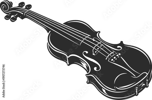 Classic Violin String Instrument Black Ink Illustration.