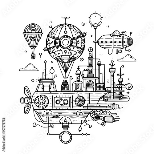 Steampunk Airship Fleet Flying Over Fantasy Castle