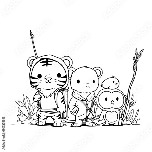 Cartoon Tiger, Bear, and Penguin Friends Standing Together in Forest