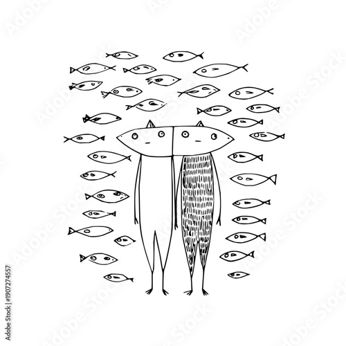 Two Contrasting Fish-like Human Figures Surrounded by School of Fish