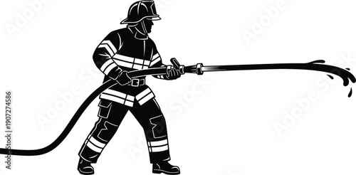 “Black and White Digital Illustration of Firefighter in Protective Gear Using Hose, Emergency Response Action Scene for Stock Art and Commercial Success”