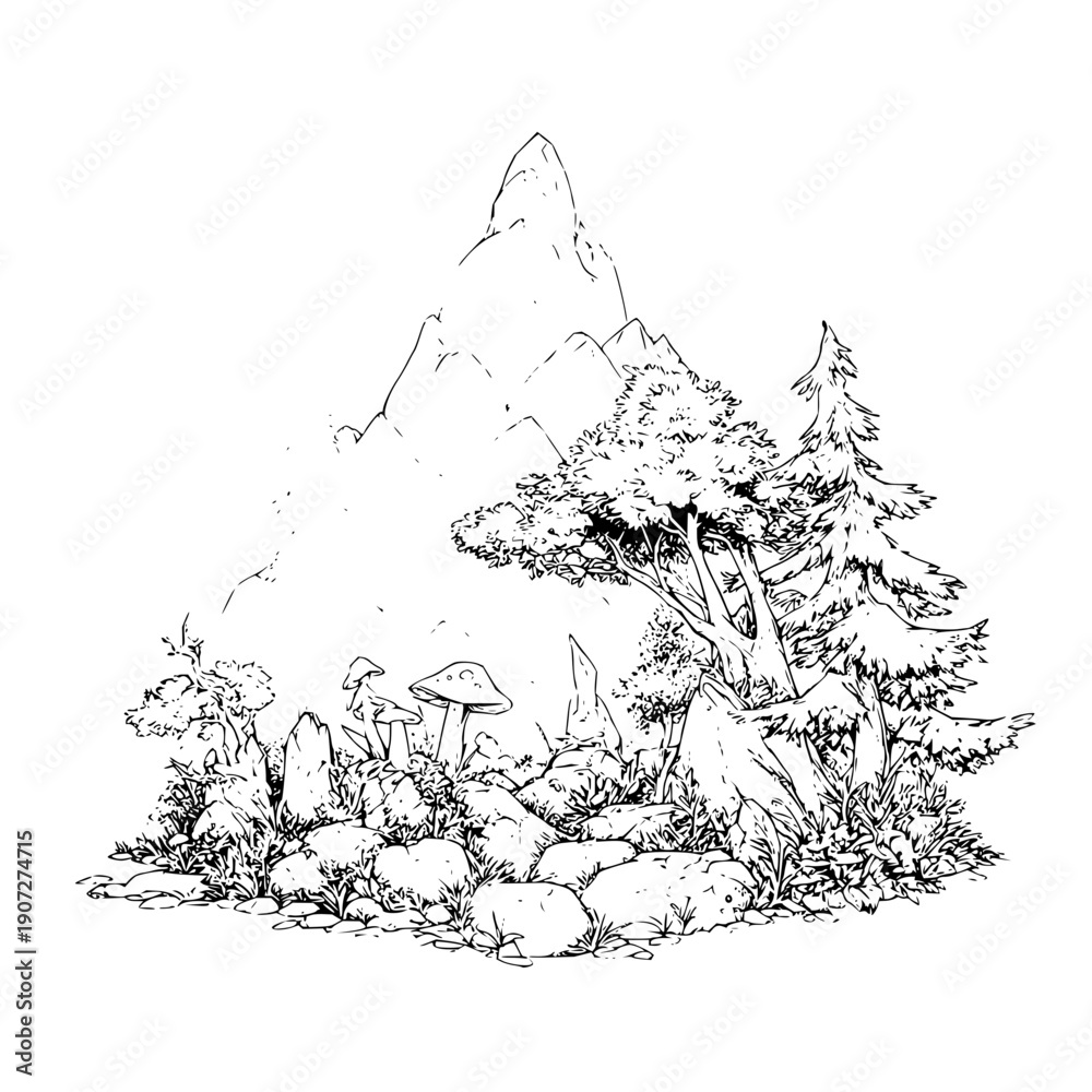 Fototapeta premium Mountain Landscape with Trees and Mushrooms Illustration