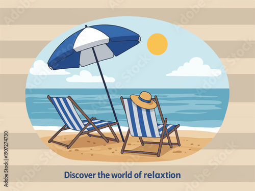 Beach scene with two blue and white striped deck chairs and umbrella on sandy shore by sea with sun and clouds  relaxing summer vacation spot
