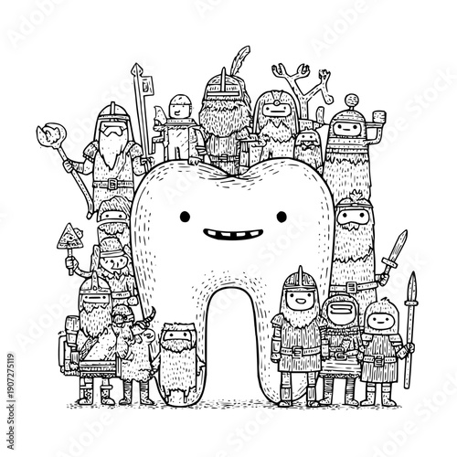 Tooth Surrounded by Knights in Armor on White Background