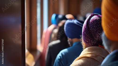 Sikh people wearing turbans participating in worship