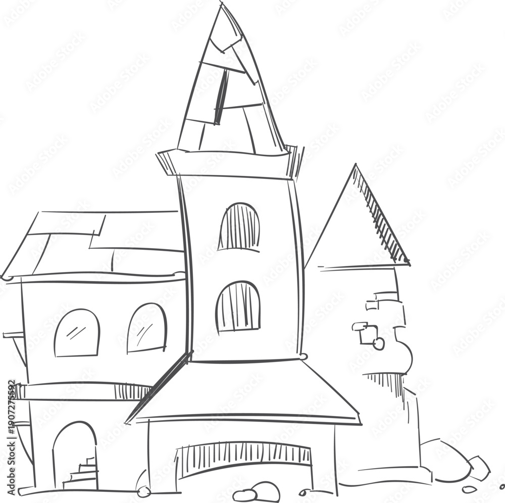 Naklejka premium Old city building sketch. Fantasy town architecture