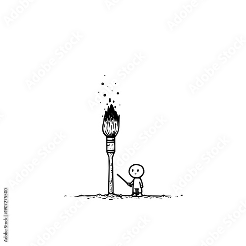 Sad Man Painting Light Bulb on Street with Brush