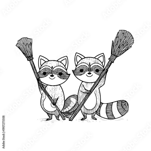 Raccoons Sweeping with Broomsticks